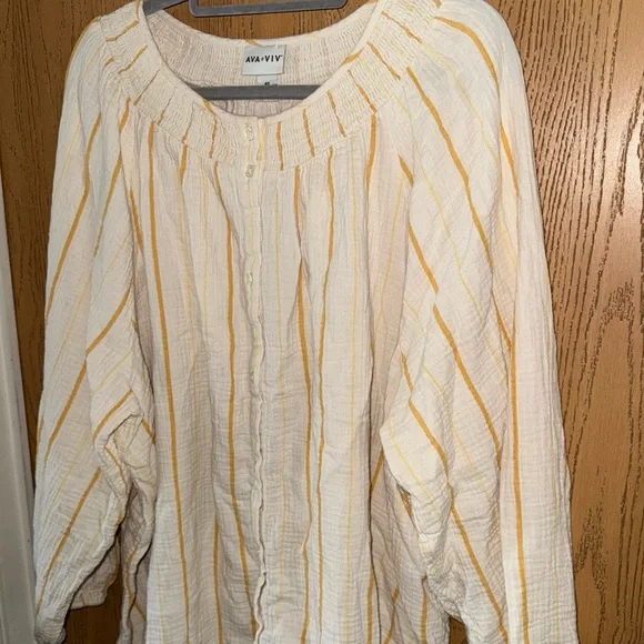 ⬇️Ava & Viv Cream & Yellow Striped Long Sleeve Button Down Top - Picture 3 of 7